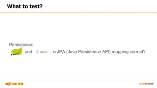 What to test?
Persistence:
and : is JPA (Java Persistence API) mapping correct?
 