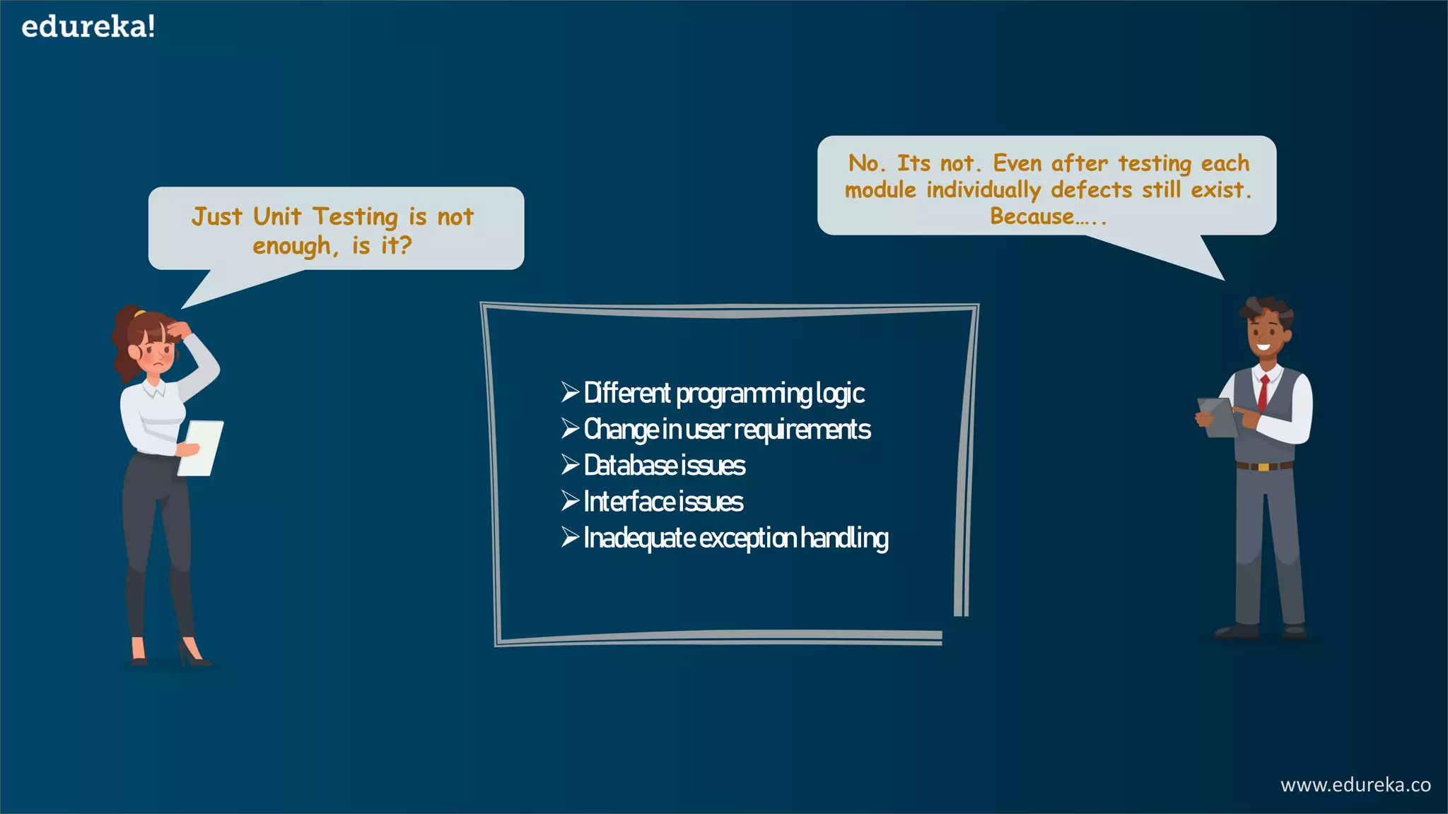 www.edureka.co
No. Its not. Even after testing each
module individually defects still exist.
Because…..Just Unit Testing is not
enough, is it?
➢Differentprogramminglogic
➢Changeinuserrequirements
➢Databaseissues
➢Interfaceissues
➢Inadequateexceptionhandling
 