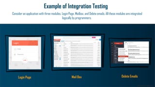www.edureka.co
Example of Integration Testing
Consider an application with three modules, Login Page, Mailbox, and Delete emails. All these modules are integrated
logically by programmers.
Login Page Mail Box Delete Emails
 