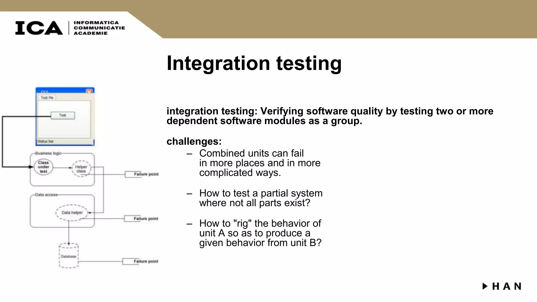 Integration testing integration testing: Verifying software quality by testing two or more dependent software modules as a group. challenges: – Combined units can fail in more places and in more complicated ways. – How to test a partial system where not all parts exist? – How to "rig" the behavior of unit A so as to produce a given behavior from unit B? 