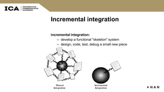 Incremental integration
incremental integration:
– develop a functional "skeleton" system
– design, code, test, debug a small new piece
– integrate this piece with the skeleton
• test/debug it before adding any other pieces
 