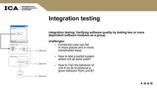 Integration testing
integration testing: Verifying software quality by testing two or more
dependent software modules as a group.
challenges:
– Combined units can fail
in more places and in more
complicated ways.
– How to test a partial system
where not all parts exist?
– How to "rig" the behavior of
unit A so as to produce a
given behavior from unit B?
 