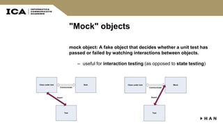 "Mock" objects
mock object: A fake object that decides whether a unit test has
passed or failed by watching interactions between objects.
– useful for interaction testing (as opposed to state testing)
 