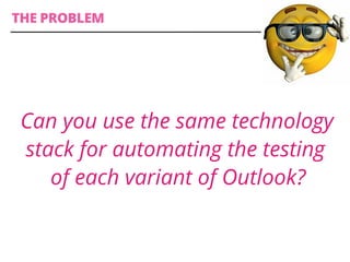 Can you use the same technology
stack for automating the testing
of each variant of Outlook?
THE PROBLEM
 