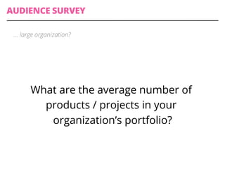 AUDIENCE SURVEY
What are the average number of
products / projects in your
organization’s portfolio?
… large organization?
 