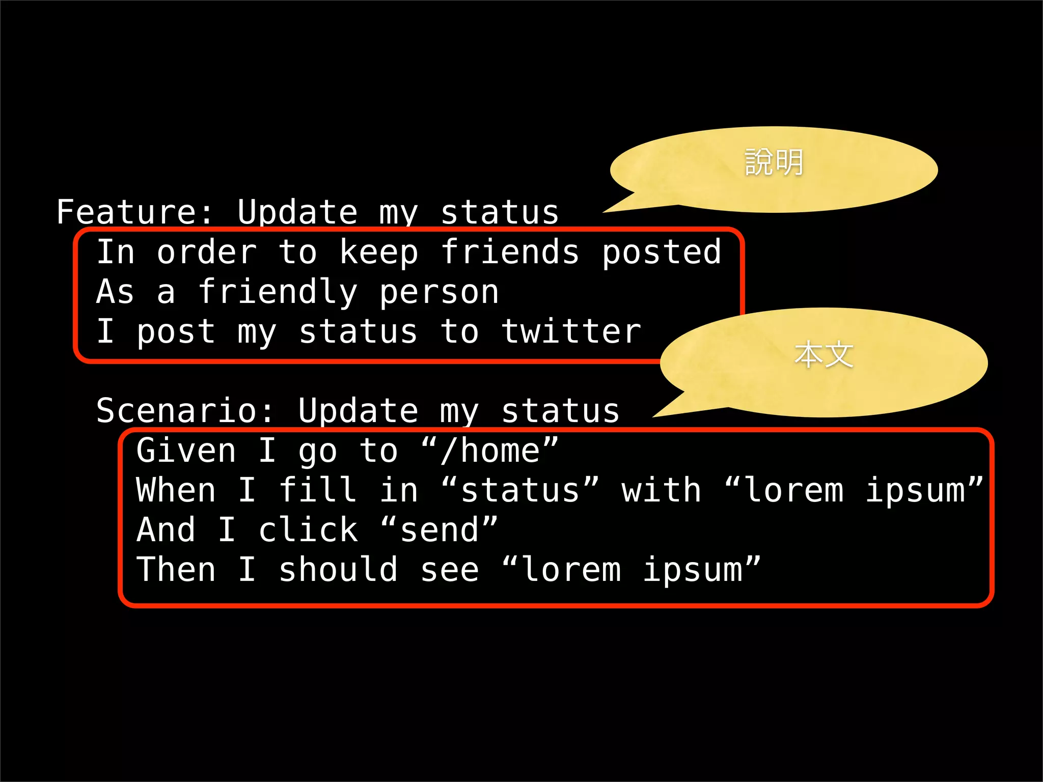 Feature: Update my status
  In order to keep friends posted
  As a friendly person
  I post my status to twitter

  Scenario: Update my status
    Given I go to “/home”
    When I fill in “status” with “lorem ipsum”
    And I click “send”
    Then I should see “lorem ipsum”
 