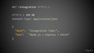 GET /integration HTTP/1.1
HTTP/1.1 200 OK
Content-Type: application/json
{
"what": "Integration Time!",
"how": "Node.js + Express + Fetch"
}
 