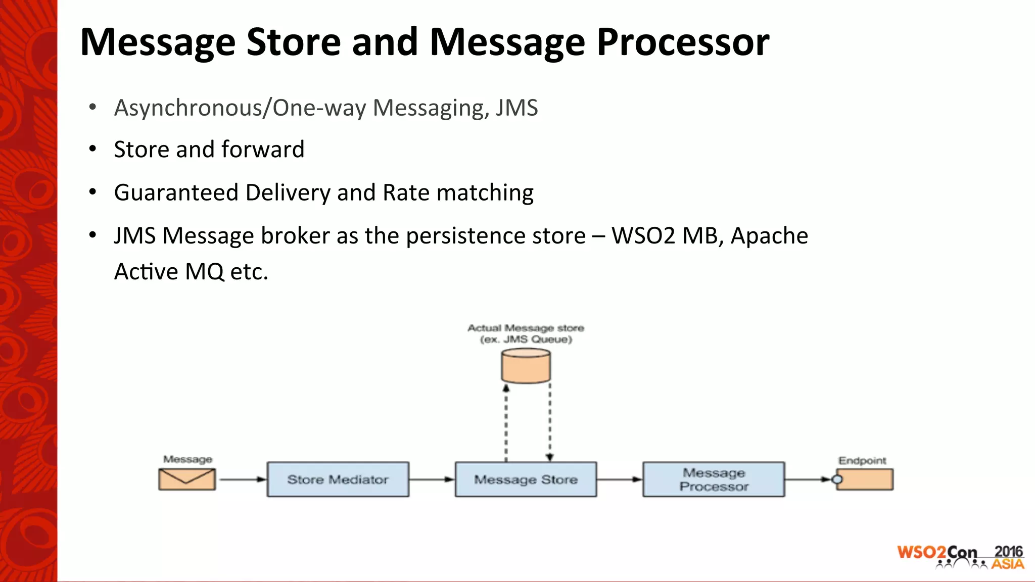 Message	Store	and	Message	Processor	
•  Asynchronous/One-way	Messaging,	JMS	
•  Store	and	forward	
•  Guaranteed	Delivery	and	Rate	matching	
•  JMS	Message	broker	as	the	persistence	store	–	WSO2	MB,	Apache	
Ac-ve	MQ	etc.		
 