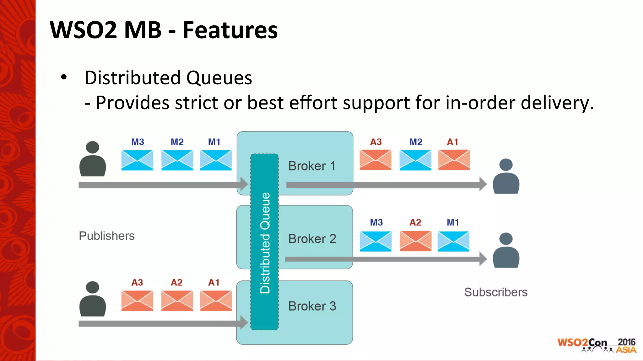 WSO2	MB	-	Features	
•  Distributed	Queues	
	-	Provides	strict	or	best	eﬀort	support	for	in-order	delivery.	
	
 