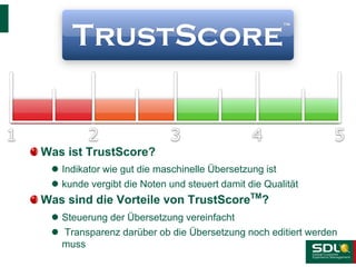 Was ist TrustScore?
 Indikator wie gut die maschinelle Übersetzung ist
 kunde vergibt die Noten und steuert damit die Qualität
Was sind die Vorteile von TrustScoreTM
?
 Steuerung der Übersetzung vereinfacht
 Transparenz darüber ob die Übersetzung noch editiert werden
muss
 