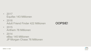 OOPSIE!
• 2017
Equifax 143 Millionen
• 2016
Adult Friend Finder 422 Millionen
• 2015
Anthem 78 Millionen
• 2014
eBay 145 Millionen
JP Morgan Chase 76 Millionen
 