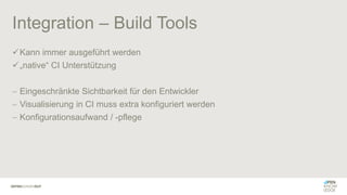 Integration – Build Tools
✓Kann immer ausgeführt werden
✓„native“ CI Unterstützung
− Eingeschränkte Sichtbarkeit für den Entwickler
− Visualisierung in CI muss extra konfiguriert werden
− Konfigurationsaufwand / -pflege
 
