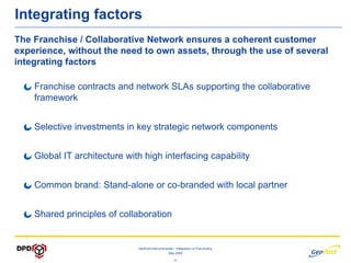 Integrating factors
The Franchise / Collaborative Network ensures a coherent customer
experience, without the need to own assets, through the use of several
integrating factors

    Franchise contracts and network SLAs supporting the collaborative
    framework


    Selective investments in key strategic network components


    Global IT architecture with high interfacing capability


    Common brand: Stand-alone or co-branded with local partner


    Shared principles of collaboration


                              GeoPost Intercontinental – Integration vs Franchising
                                                   May 2009

                                                      -5-
 