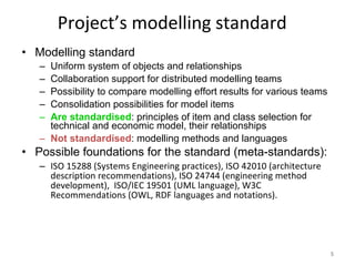 Project’s modelling standard <ul><li>Modelling standard </li></ul><ul><ul><li>Uniform system of objects and relationships ...