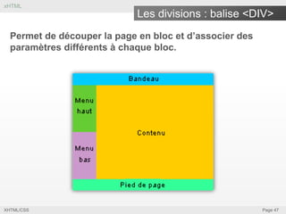 xHTML

Les divisions : balise <DIV>
Permet de découper la page en bloc et d’associer des
paramètres différents à chaque bloc.

XHTML/CSS

Page 47

 
