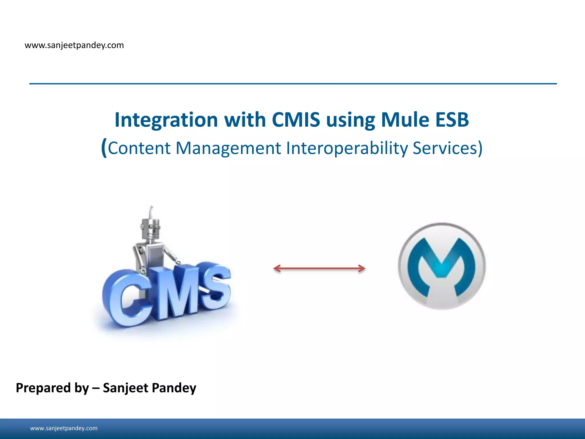 www.sanjeetpandey.com
www.sanjeetpandey.com
Prepared by – Sanjeet Pandey
Integration with CMIS using Mule ESB
(Content Management Interoperability Services)
 