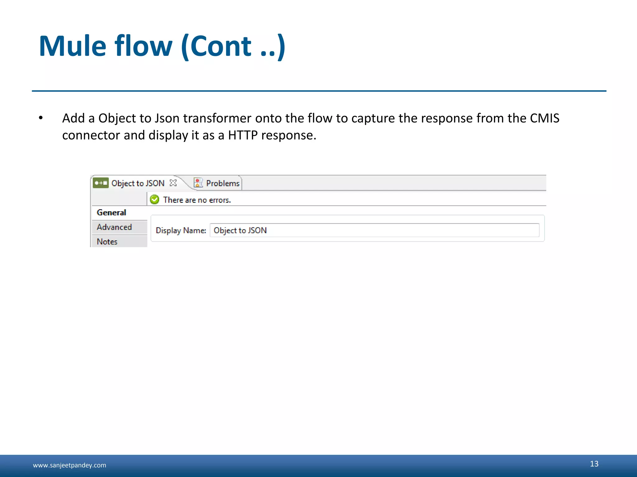 www.sanjeetpandey.com
Mule flow (Cont ..)
• Add a Object to Json transformer onto the flow to capture the response from the CMIS
connector and display it as a HTTP response.
13
 