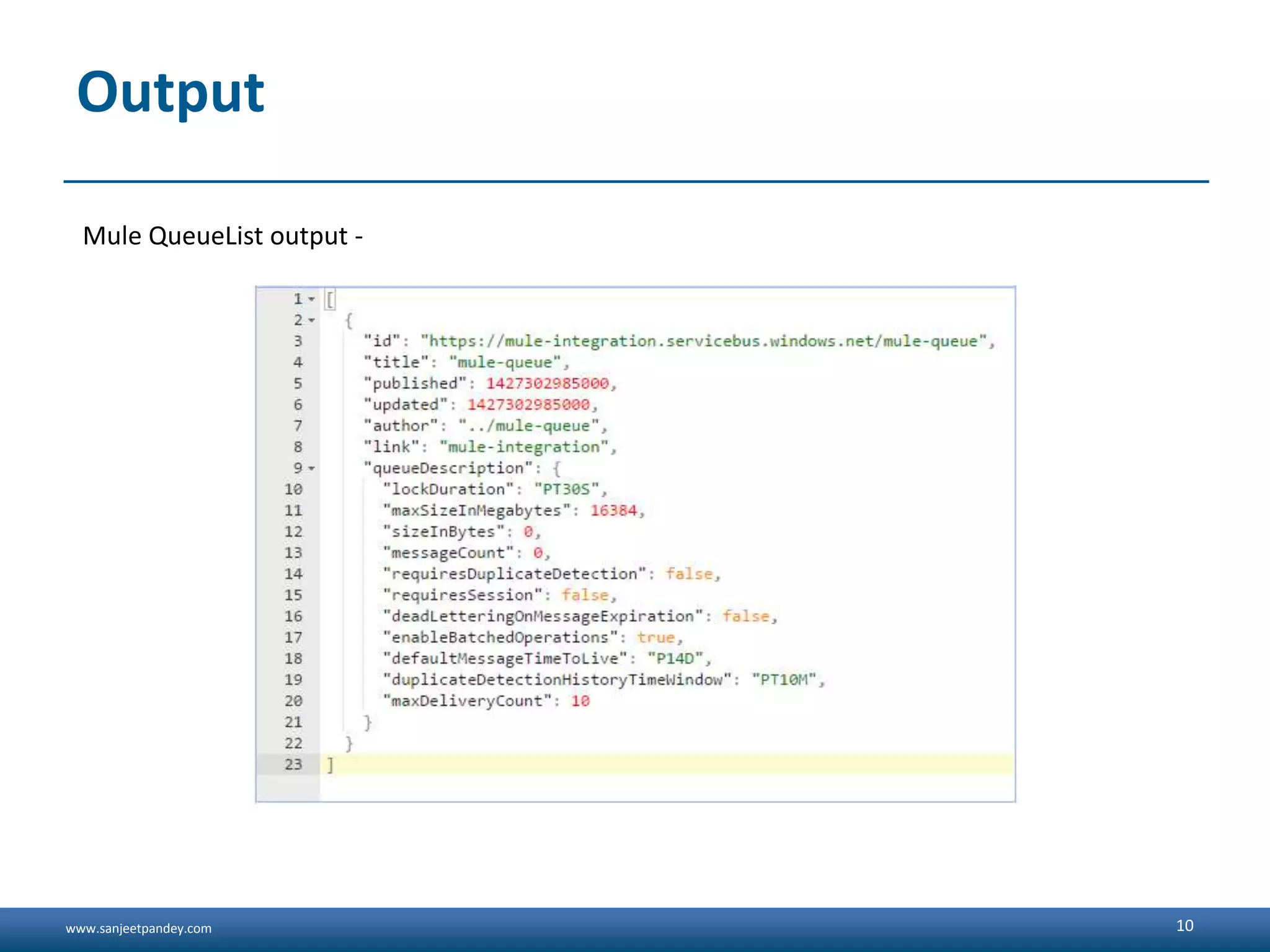 www.sanjeetpandey.com
Output
Mule QueueList output -
10
 