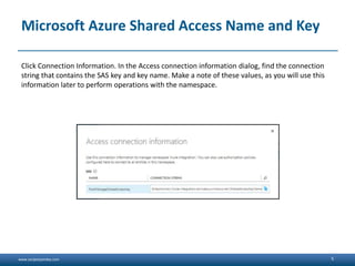 www.sanjeetpandey.com
Microsoft Azure Shared Access Name and Key
Click Connection Information. In the Access connection information dialog, find the connection
string that contains the SAS key and key name. Make a note of these values, as you will use this
information later to perform operations with the namespace.
5
 