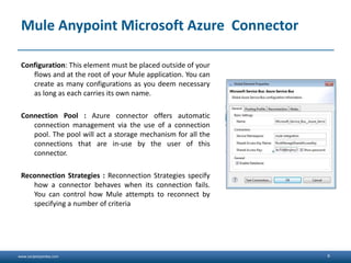 www.sanjeetpandey.com
Mule Anypoint Microsoft Azure Connector
Configuration: This element must be placed outside of your
flows and at the root of your Mule application. You can
create as many configurations as you deem necessary
as long as each carries its own name.
Connection Pool : Azure connector offers automatic
connection management via the use of a connection
pool. The pool will act a storage mechanism for all the
connections that are in-use by the user of this
connector.
Reconnection Strategies : Reconnection Strategies specify
how a connector behaves when its connection fails.
You can control how Mule attempts to reconnect by
specifying a number of criteria
6
 