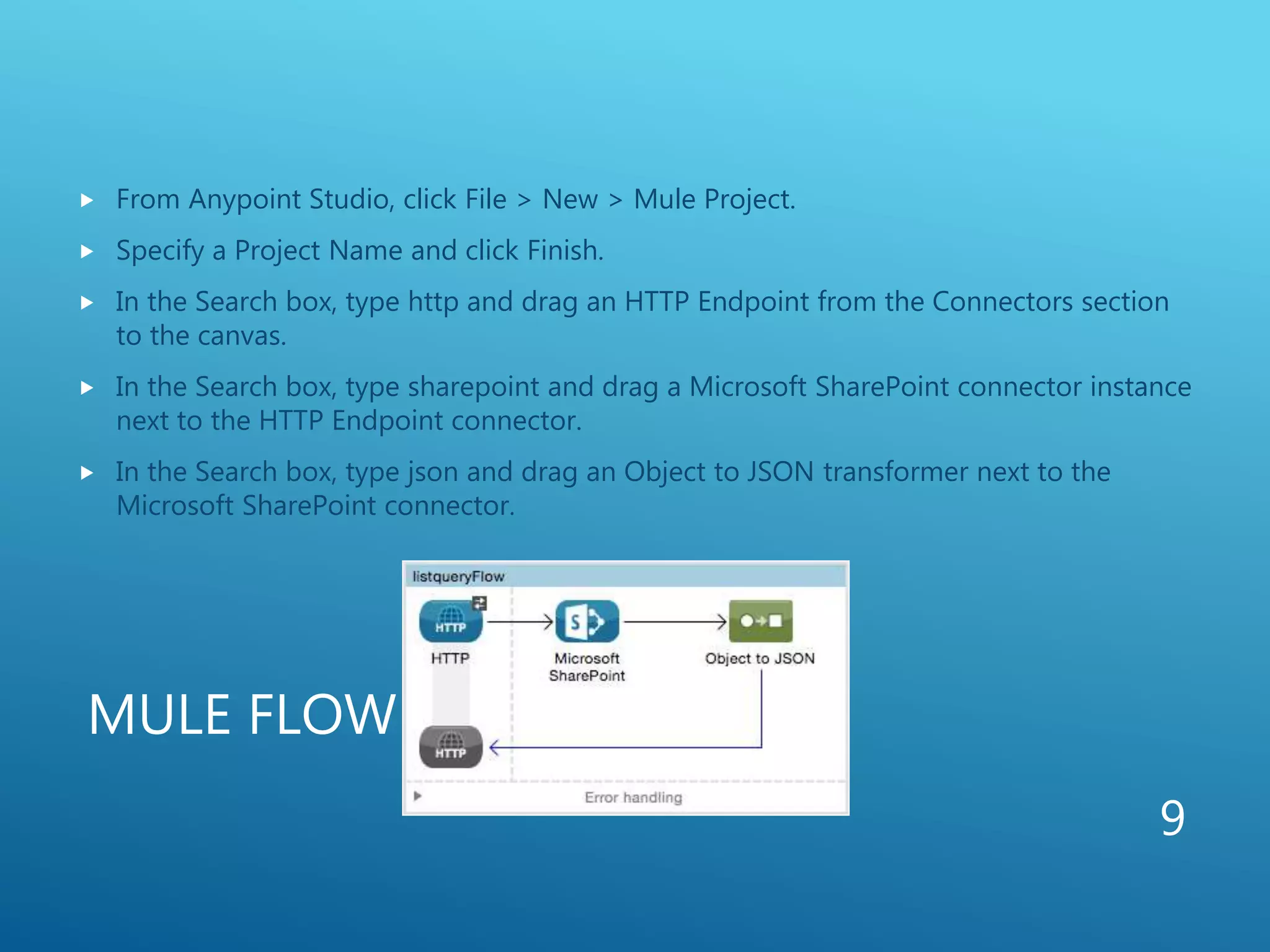 MULE FLOW
 From Anypoint Studio, click File > New > Mule Project.
 Specify a Project Name and click Finish.
 In the Search box, type http and drag an HTTP Endpoint from the Connectors section
to the canvas.
 In the Search box, type sharepoint and drag a Microsoft SharePoint connector instance
next to the HTTP Endpoint connector.
 In the Search box, type json and drag an Object to JSON transformer next to the
Microsoft SharePoint connector.
9
 