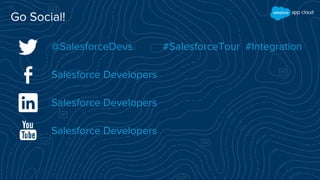 Go Social!
@SalesforceDevs #SalesforceTour #Integration
Salesforce Developers
Salesforce Developers
Salesforce Developers
 