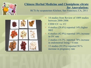 Chinese Herbal Medicine and Clomiphene citrate  for Anovulation: RCTs by acupuncture Kitchen, San Francisco, CA, 2011  14 studies from Review of 1009 studies between 2000-2006 CHM+CC vs. CC 4 studies (28.6%) reported 14% higher BBT 6 studies (42.9%) reported 18% increase in OV rate 2 studies (14.3%  reported 78% increase in endometrial lining > 6 mm 13 studies (92.9%) reported 50 % increase in pregnancy rate 