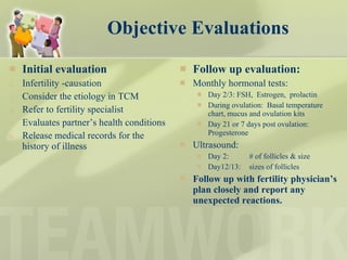Objective Evaluations Initial evaluation Infertility -causation Consider the etiology in TCM  Refer to fertility specialist Evaluates partner’s health conditions Release medical records for the history of illness Follow up evaluation:  Monthly hormonal tests:  Day 2/3: FSH,  Estrogen,  prolactin During ovulation:  Basal temperature chart, mucus and ovulation kits  Day 21 or 7 days post ovulation:  Progesterone  Ultrasound:  Day 2:  # of follicles & size  Day12/13:  sizes of follicles Follow up with fertility physician’s plan closely and report any unexpected reactions. 