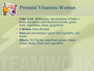 Prenatal Vitamins-Woman Folic Acid - 400mg/day- development of baby’s brain and spinal cord (fortified cereals, green leafy vegetables, citrus, grapefruit) Calcium - bone develop  Iron -prevent anemia ( green leaf vegetable, red meat) Fibers - 30-35g/day (unrefined grains, whole wheat, beans, fruits and vegetables 