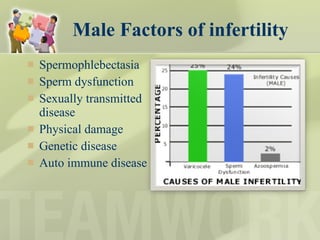 Male Factors of infertility Spermophlebectasia Sperm dysfunction Sexually transmitted disease Physical damage Genetic disease Auto immune disease 