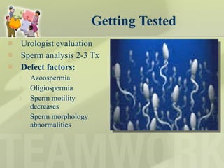 Getting Tested Urologist evaluation Sperm analysis 2-3 Tx Defect factors:  Azoospermia Oligiospermia Sperm motility decreases Sperm morphology abnormalities  