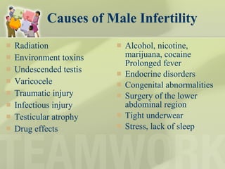 Causes of Male Infertility Radiation Environment toxins Undescended testis Varicocele Traumatic injury Infectious injury Testicular atrophy Drug effects Alcohol, nicotine, marijuana, cocaine Prolonged fever Endocrine disorders Congenital abnormalities Surgery of the lower abdominal region Tight underwear Stress, lack of sleep 