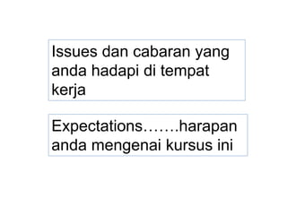 Issues dan cabaran yang
anda hadapi di tempat
kerja
Expectations…….harapan
anda mengenai kursus ini
 