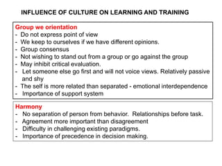 Group we orientation
- Do not express point of view
- We keep to ourselves if we have different opinions.
- Group consensus
- Not wishing to stand out from a group or go against the group
- May inhibit critical evaluation.
- Let someone else go first and will not voice views. Relatively passive
and shy
- The self is more related than separated - emotional interdependence
- Importance of support system
INFLUENCE OF CULTURE ON LEARNING AND TRAINING
Harmony
- No separation of person from behavior. Relationships before task.
- Agreement more important than disagreement
- Difficulty in challenging existing paradigms.
- Importance of precedence in decision making.
 
