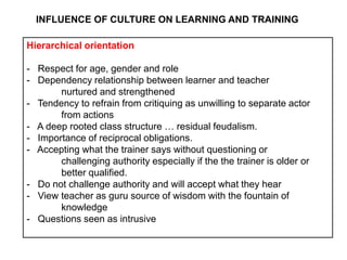 Hierarchical orientation
- Respect for age, gender and role
- Dependency relationship between learner and teacher
nurtured and strengthened
- Tendency to refrain from critiquing as unwilling to separate actor
from actions
- A deep rooted class structure … residual feudalism.
- Importance of reciprocal obligations.
- Accepting what the trainer says without questioning or
challenging authority especially if the the trainer is older or
better qualified.
- Do not challenge authority and will accept what they hear
- View teacher as guru source of wisdom with the fountain of
knowledge
- Questions seen as intrusive
INFLUENCE OF CULTURE ON LEARNING AND TRAINING
 
