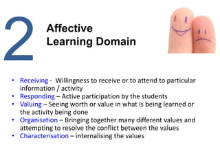 2 Affective
Learning Domain
• Receiving - Willingness to receive or to attend to particular
information / activity
• Responding – Active participation by the students
• Valuing – Seeing worth or value in what is being learned or
the activity being done
• Organisation – Bringing together many different values and
attempting to resolve the conflict between the values
• Characterisation – internalising the values
 