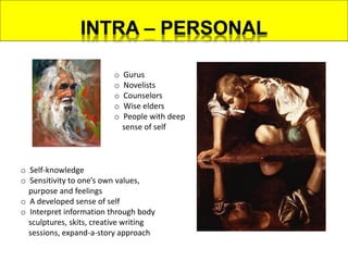 o Self-knowledge
o Sensitivity to one’s own values,
purpose and feelings
o A developed sense of self
o Interpret information through body
sculptures, skits, creative writing
sessions, expand-a-story approach
o Gurus
o Novelists
o Counselors
o Wise elders
o People with deep
sense of self
 