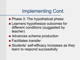 Implementing Cont.
 Phase 3: The hypothetical phase
 Learners hypothesize outcomes for
different conditions (suggested by
teacher)
 Advances schema production
 Facilitates transfer
 Students’ self-efficacy increases as they
learn to respond successfully
 