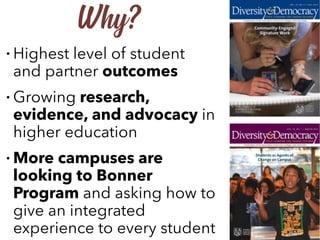 • Highest level of student
and partner outcomes
• Growing research,
evidence, and advocacy in
higher education
• More campuses are
looking to Bonner
Program and asking how to
give an integrated
experience to every student
Why?
 
