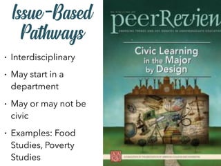 Issue-Based
Pathways
• Interdisciplinary
• May start in a
department
• May or may not be
civic
• Examples: Food
Studies, Poverty
Studies
 