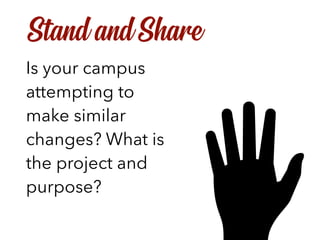 Is your campus
attempting to
make similar
changes? What is
the project and
purpose?
Stand and Share
 