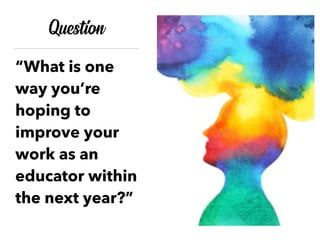 Question
“What is one
way you’re
hoping to
improve your
work as an
educator within
the next year?”
 