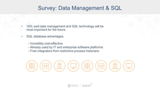 Survey: Data Management & SQL
• 16% said data management and SQL technology will be
most important for the future
• SQL database advantages:
- Incredibly cost-effective
- Already used by IT and enterprise software platforms
- Free integrators from restrictive process historians
 