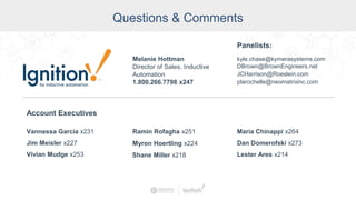 Jim Meisler x227
Vannessa Garcia x231
Vivian Mudge x253
Account Executives
Ramin Rofagha x251
Shane Miller x218
Myron Hoertling x224
Maria Chinappi x264
Dan Domerofski x273
Lester Ares x214
Melanie Hottman
Director of Sales, Inductive
Automation
1.800.266.7798 x247
Questions & Comments
Panelists:
kyle.chase@kymerasystems.com
DBrown@BrownEngineers.net
JCHarrison@Roeslein.com
plarochelle@neomatrixinc.com
 