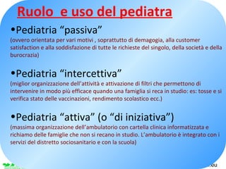 www.apel-pediatri.it www.ferrandoalberto.eu
Ruolo e uso del pediatra
•Pediatria “passiva”
(ovvero orientata per vari motiv...