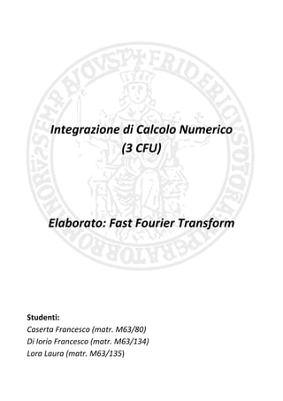 Integrazione di Calcolo Numerico
                   (3 CFU)




     Elaborato: Fast Fourier Transform




Studenti:
Caserta Francesco (matr. M63/80)
Di Iorio Francesco (matr. M63/134)
Lora Laura (matr. M63/135)
 