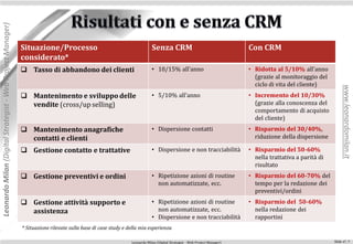 Leonardo Milan (Digital Strategist - Web Project Manager)




                                                            Situazione/Processo                                           Senza CRM                                       Con CRM
                                                            considerato*
                                                             Tasso di abbandono dei clienti                              • 10/15% all’anno                               • Ridotta al 5/10% all’anno
                                                                                                                                                                            (grazie al monitoraggio del
                                                                                                                                                                            ciclo di vita del cliente)




                                                                                                                                                                                                                www.leonardomilan.it
                                                             Mantenimento e sviluppo delle                               • 5/10% all’anno                                • Incremento del 10/30%
                                                              vendite (cross/up selling)                                                                                    (grazie alla conoscenza del
                                                                                                                                                                            comportamento di acquisto
                                                                                                                                                                            del cliente)
                                                             Mantenimento anagrafiche                                    • Dispersione contatti                          • Risparmio del 30/40%,
                                                              contatti e clienti                                                                                            riduzione della dispersione

                                                             Gestione contatto e trattative                              • Dispersione e non tracciabilità               • Risparmio del 50-60%
                                                                                                                                                                            nella trattativa a parità di
                                                                                                                                                                            risultato
                                                             Gestione preventivi e ordini                                • Ripetizione azioni di routine                 • Risparmio del 60-70% del
                                                                                                                            non automatizzate, ecc.                         tempo per la redazione dei
                                                                                                                                                                            preventivi/ordini
                                                             Gestione attività supporto e                                • Ripetizione azioni di routine                 • Risparmio del 50-60%
                                                              assistenza                                                    non automatizzate, ecc.                         nella redazione dei
                                                                                                                          • Dispersione e non tracciabilità                 rapportini
                                                            * Situazione rilevate sulla base di case study e della mia esperienza

                                                                                                              Leonardo Milan (Digital Strategist - Web Project Manager)                                    Slide n°: 7
 
