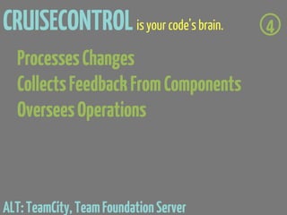 CRUISECONTROL is your code’s brain.     4
  Processes Changes
  Collects Feedback From Components
  Oversees Operations



ALT: TeamCity, Team Foundation Server
 