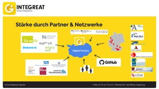 www.integreat-app.de Folie 4 | Tür an Tür e.V. | Wertachstr. 29 | 86153 Augsburg
Stärke durch Partner & Netzwerke
…
Digital Factory
 