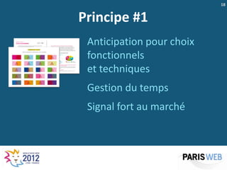 18


Principe #1
 Anticipation pour choix
 fonctionnels
 et techniques
 Gestion du temps
 Signal fort au marché
 